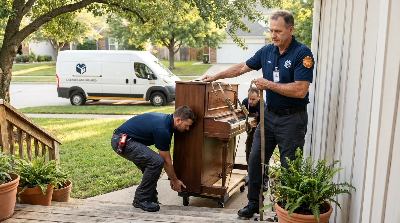 Licensed piano movers securing grand piano in Taylorsville, NC