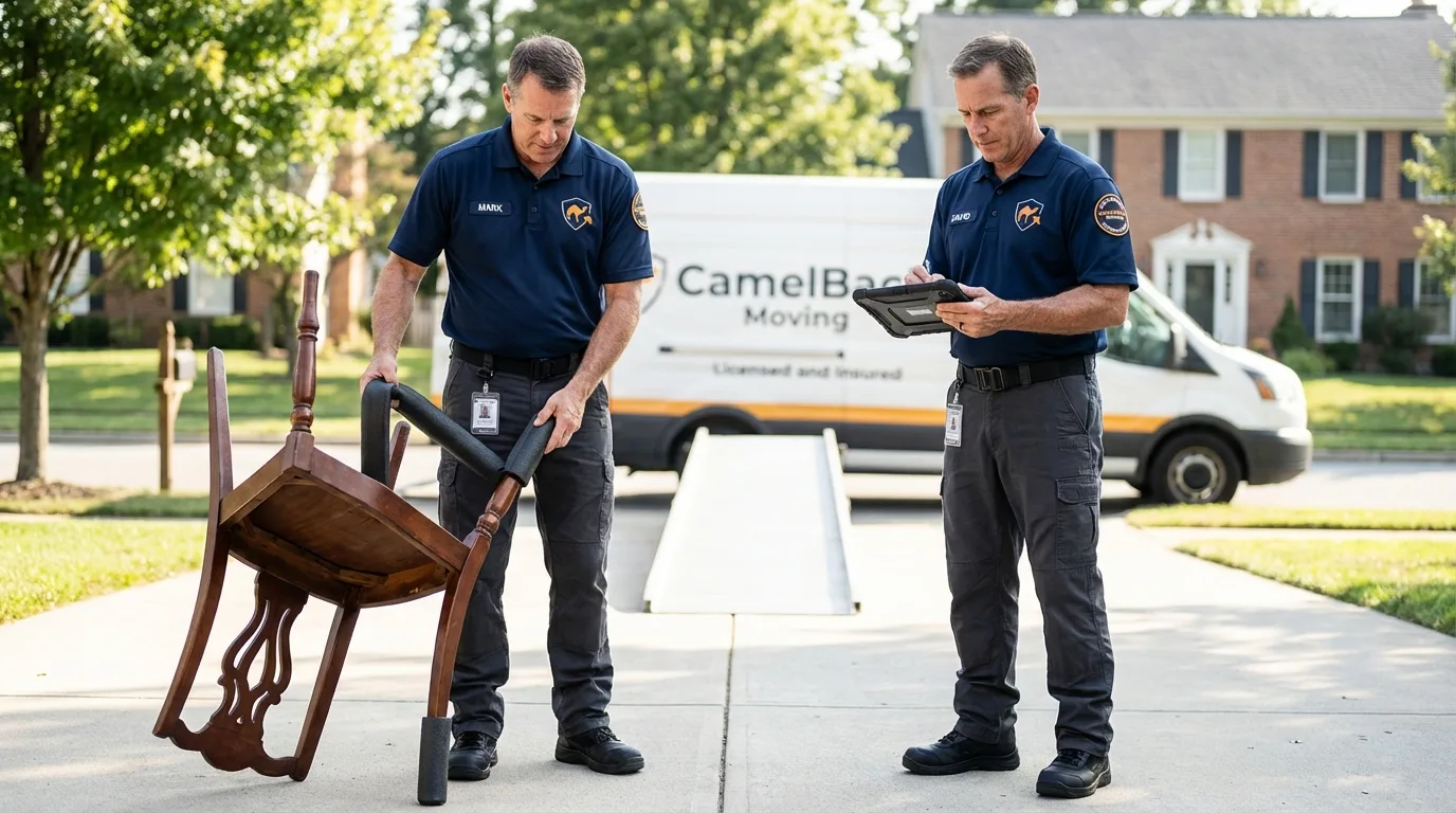Movers inspecting furniture for damage prevention before loading in Taylorsville, NC