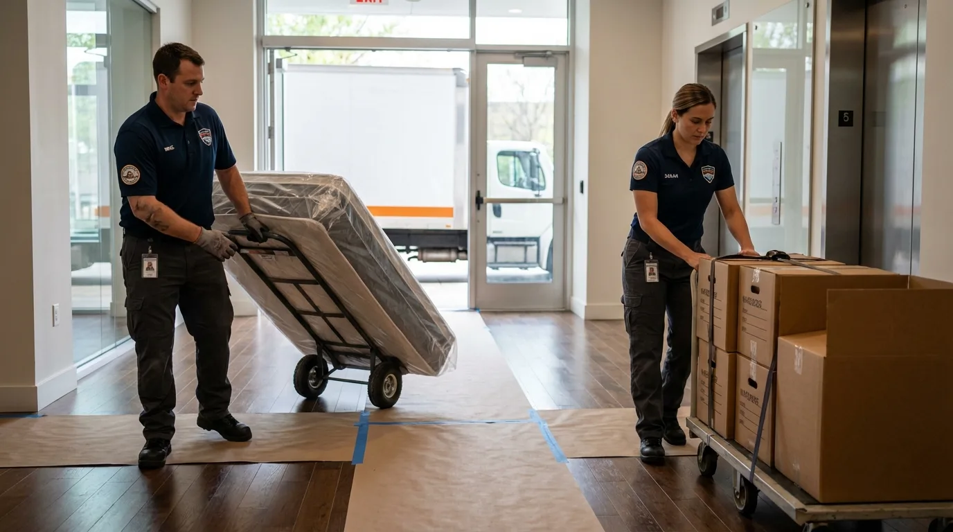 Professional apartment movers loading elevator in Taylorsville, NC