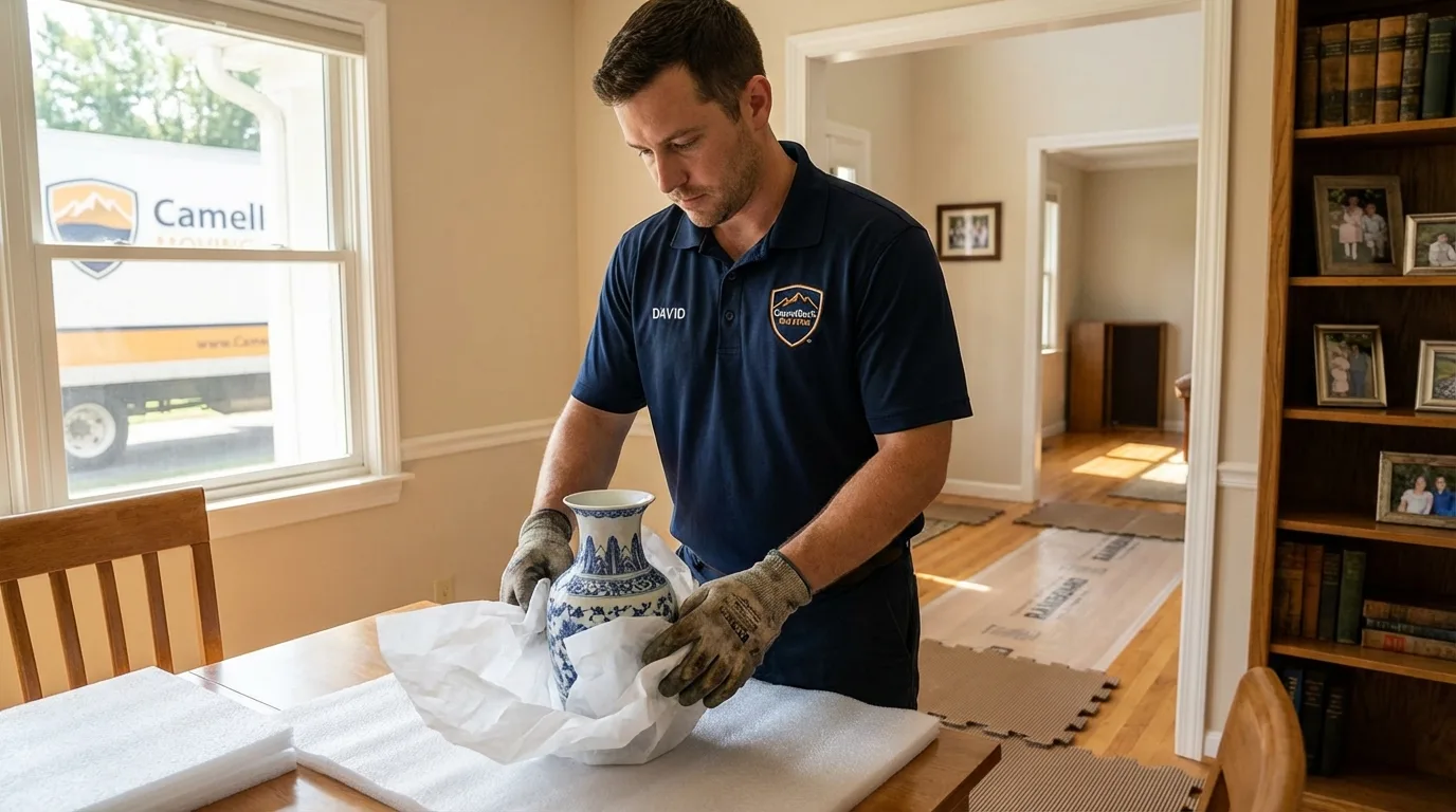 Professional crew carefully wrapping antique vase for senior downsizing move in Taylorsville, NC